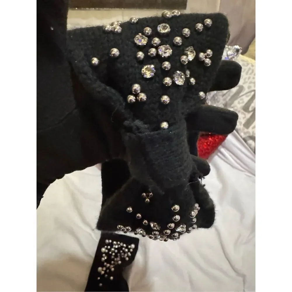 3 piece bling pearl studded headband/w knit fleece lined mittens/gloves